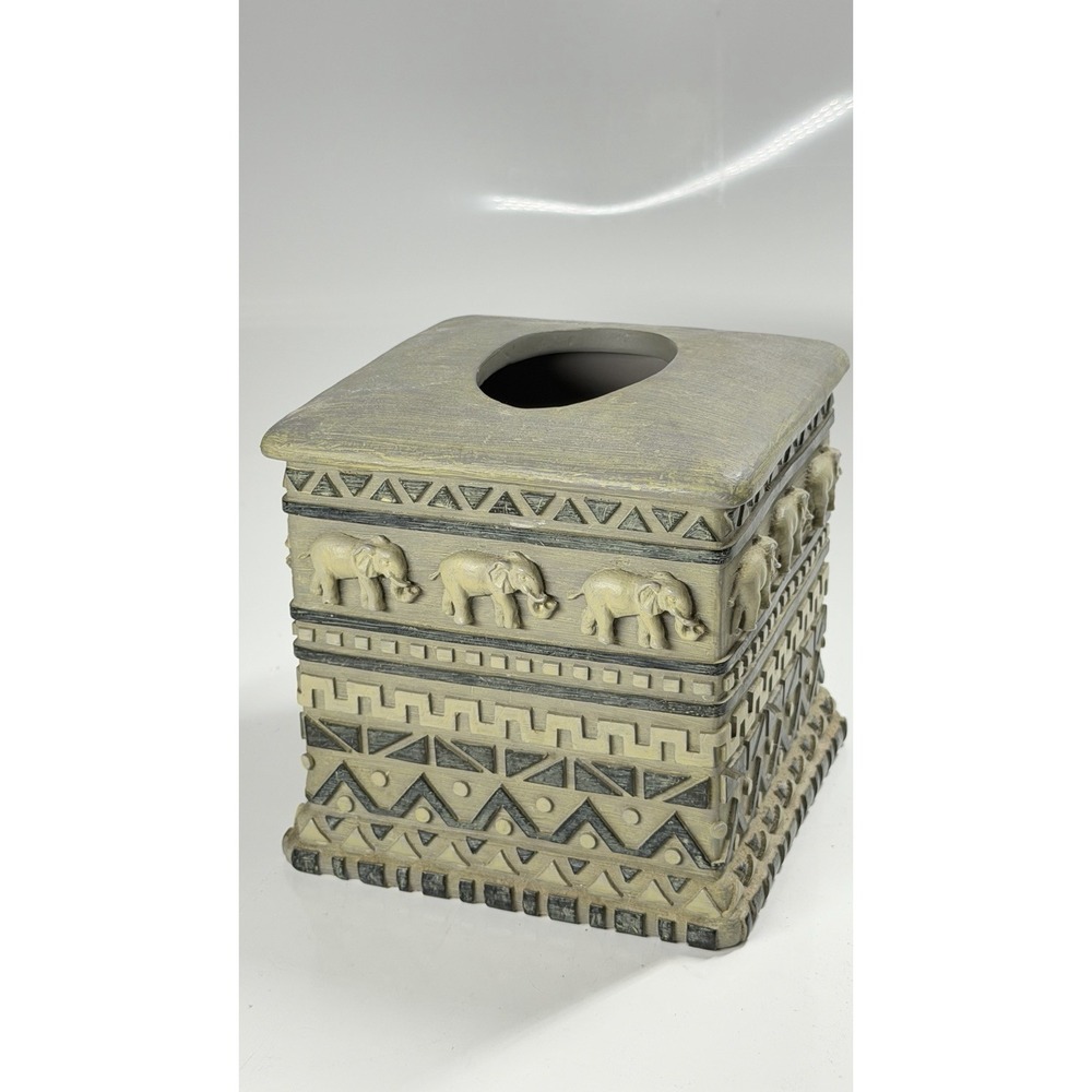 Resin African Safari Design Elephant Tissue Box Cover Square 6"Tall
